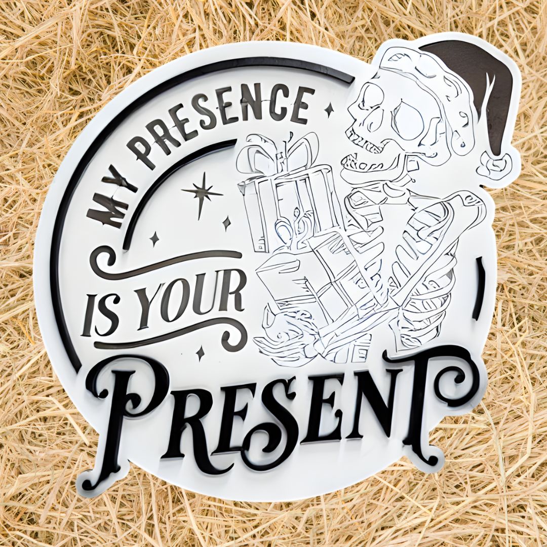 My Presence Is Your Present Wooden Christmas Sign | Funny Skull Santa Wall Art | Dark Humour Holiday Décor