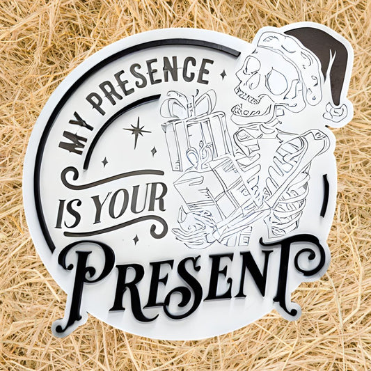 My Presence Is Your Present Wooden Christmas Sign | Funny Skull Santa Wall Art | Dark Humour Holiday Décor